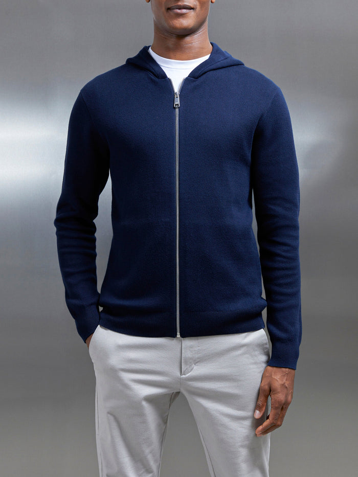 Knitted Zip Through Hoodie in Navy