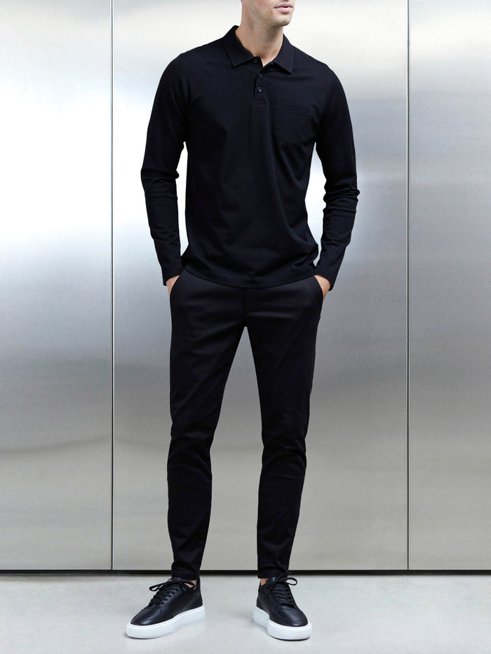 Mercerised Pique Long Sleeve Button Polo Shirt in Black