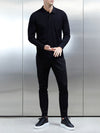 Mercerised Pique Long Sleeve Button Polo Shirt in Black