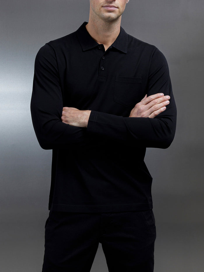 Mercerised Pique Long Sleeve Button Polo Shirt in Black