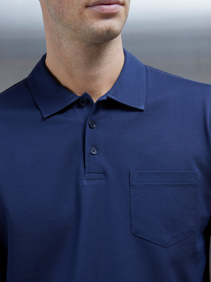 Mercerised Pique Long Sleeve Button Polo Shirt in Navy