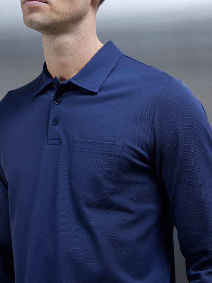 Mercerised Pique Long Sleeve Button Polo Shirt in Navy