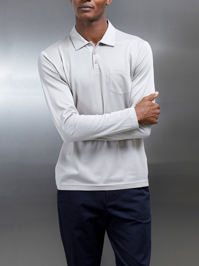 Mercerised Pique Long Sleeve Button Polo Shirt in Stone