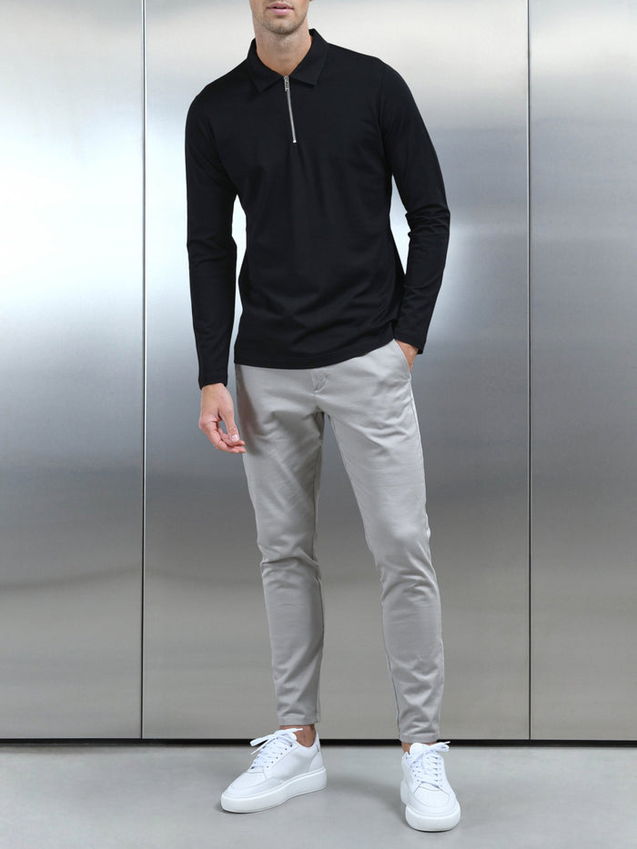 Mercerised Pique Long Sleeve Zip Polo Shirt in Black