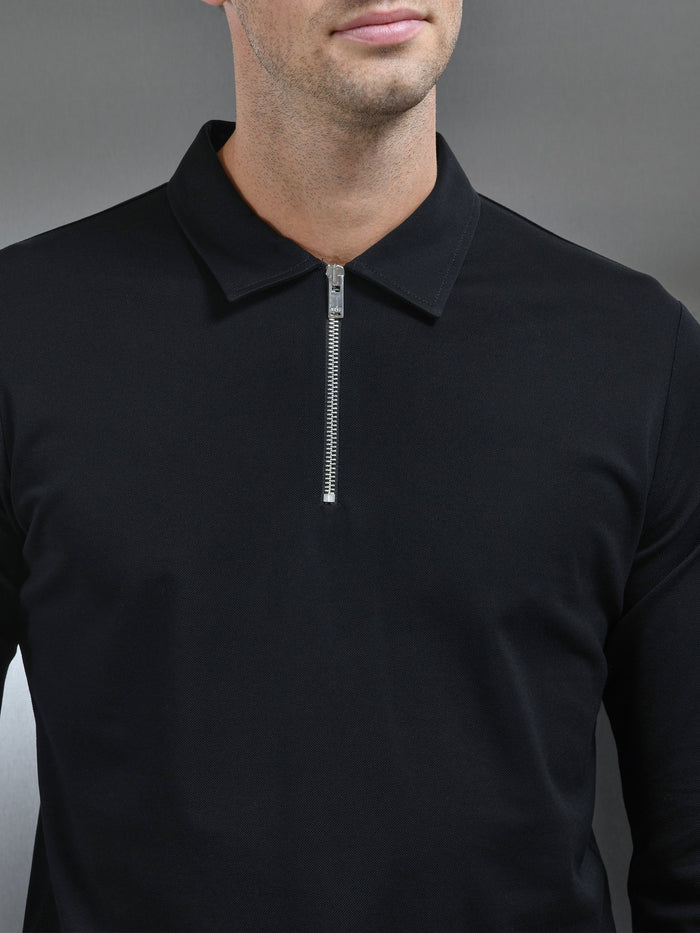 Mercerised Pique Long Sleeve Zip Polo Shirt in Black