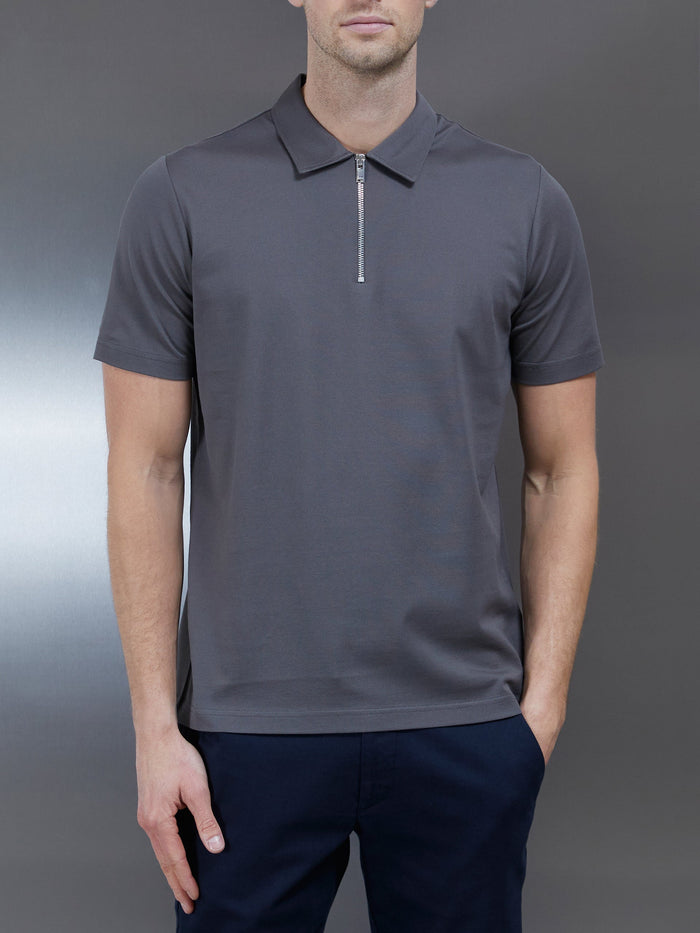 Mercerised Pique Zip Polo Shirt in Grey