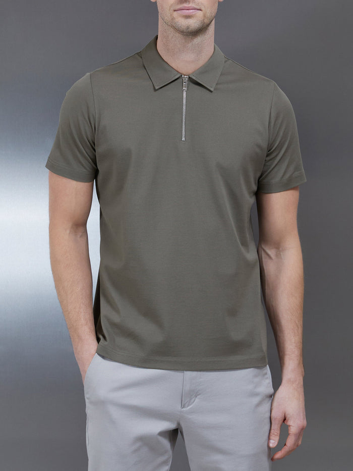 Mercerised Pique Zip Polo Shirt in Sage