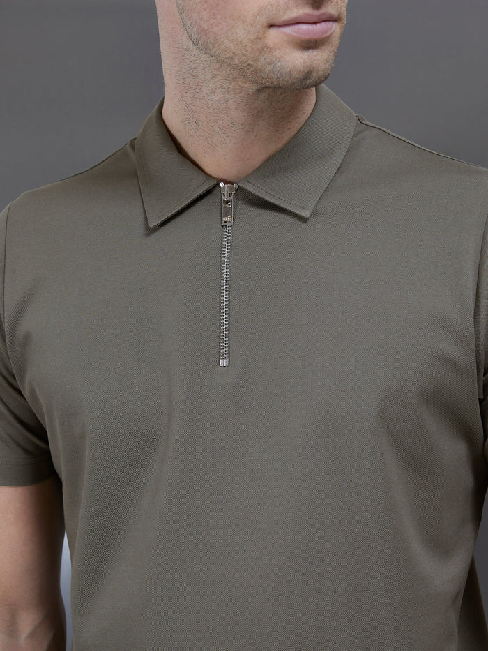 Mercerised Pique Zip Polo Shirt in Sage