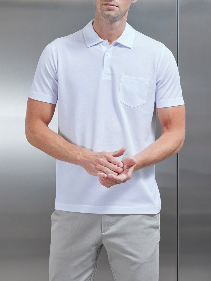 Mercerised Pique Button Polo Shirt in White