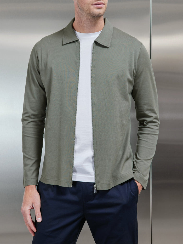 Mercerised Pique Zip Through Jacket in Sage