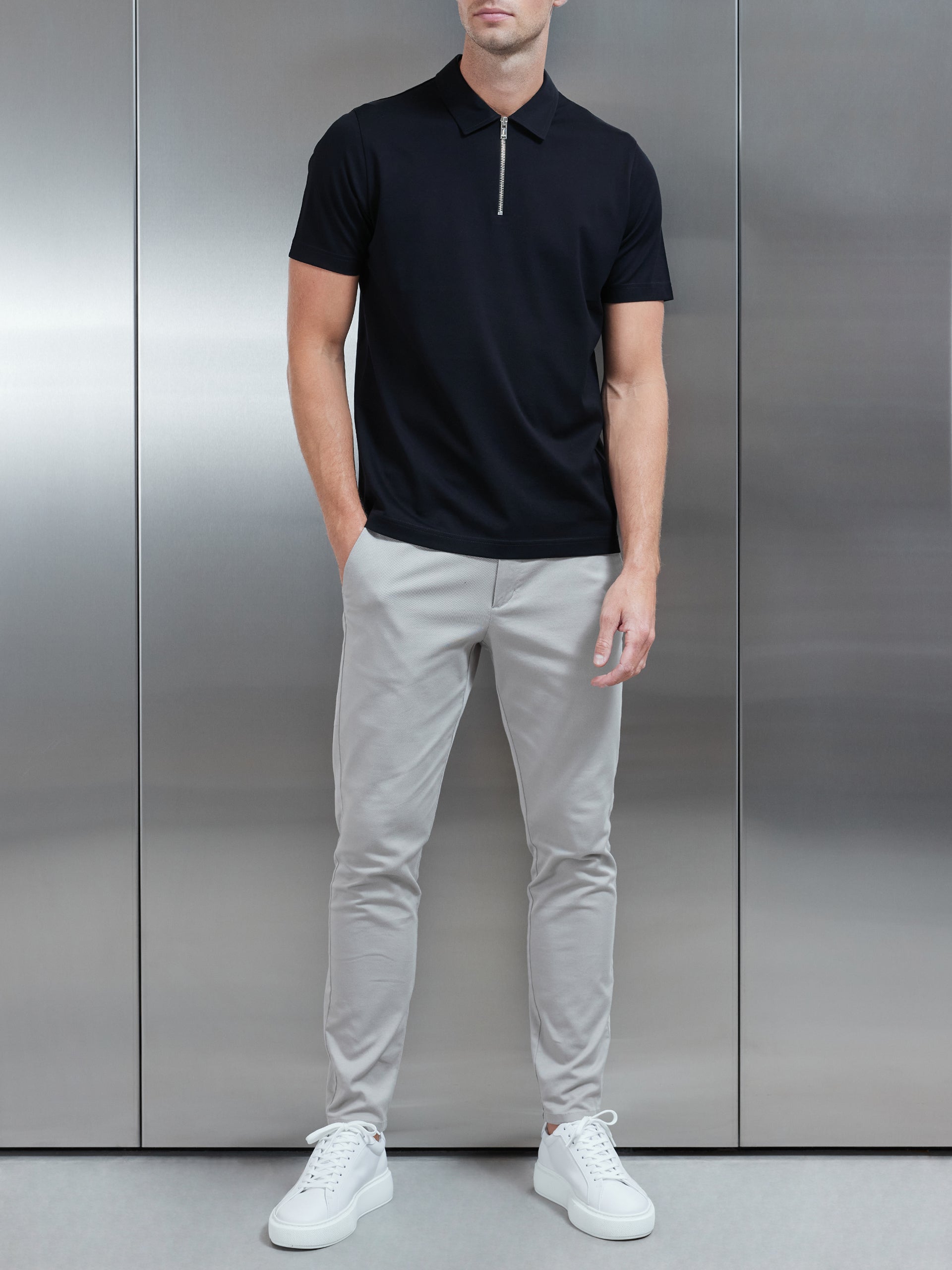 Mercerised Pique Zip Polo Shirt in Black