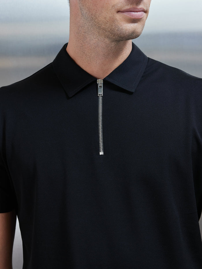 Mercerised Pique Zip Polo Shirt in Black