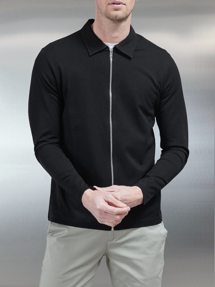 Mercerised Pique Zip Through Jacket in Black