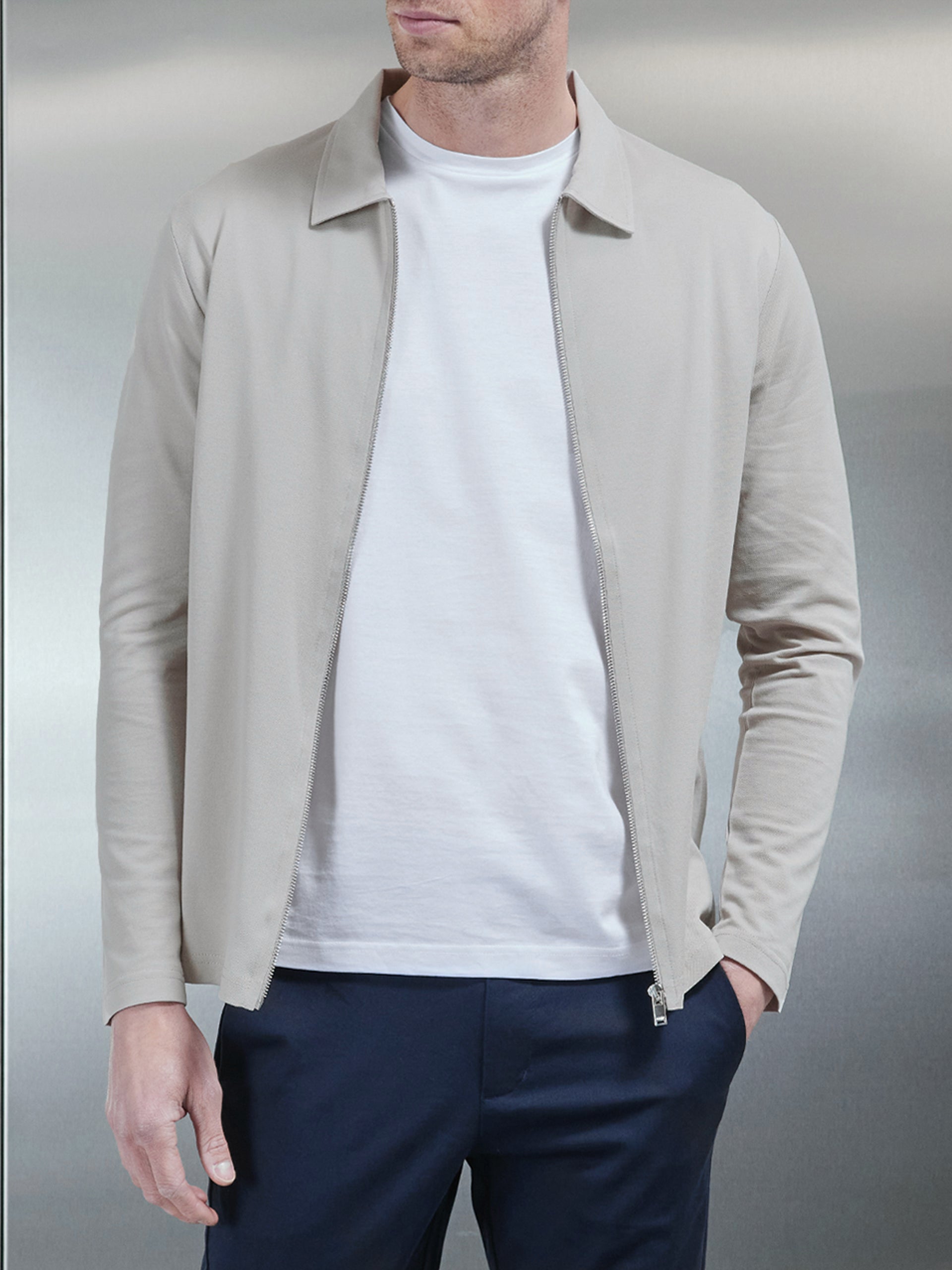 Mercerised Pique Zip Through Jacket in Stone