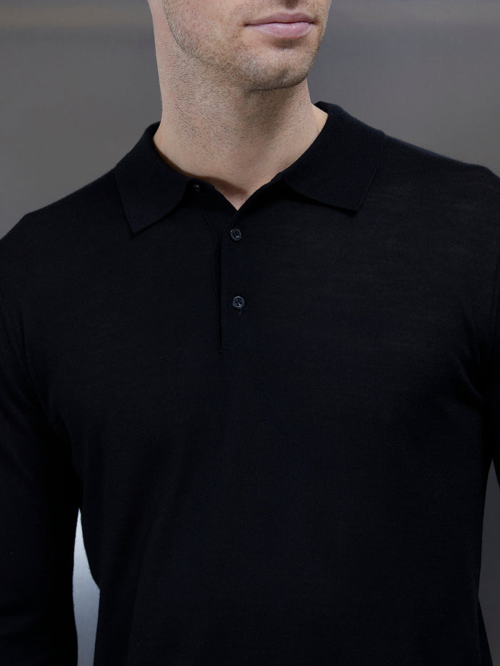 Merino Wool Long Sleeve Button Polo Shirt in Black