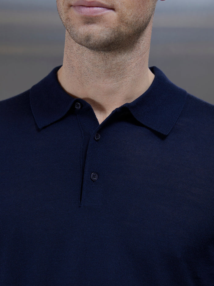 Merino Wool Long Sleeve Button Polo Shirt in Navy