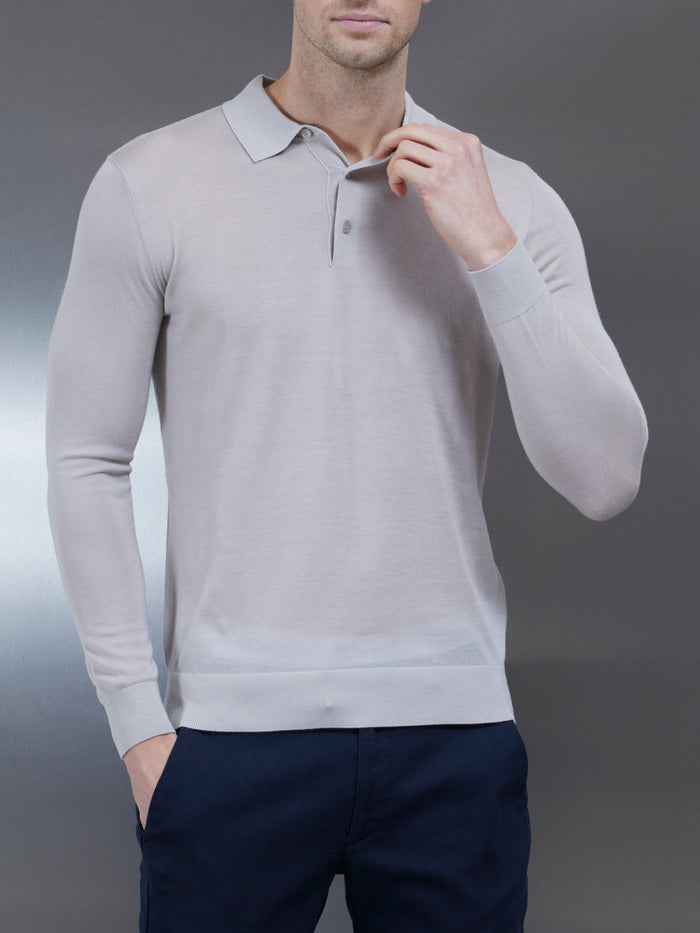 Merino Wool Long Sleeve Button Polo Shirt in Stone