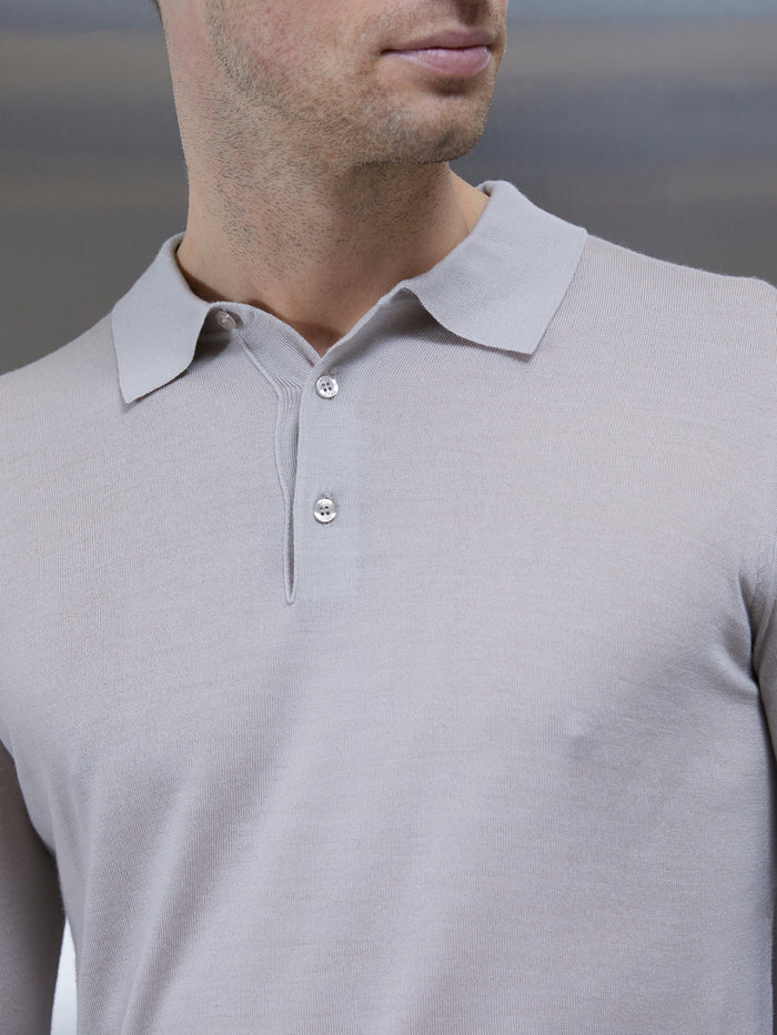 Merino Wool Long Sleeve Button Polo Shirt in Stone