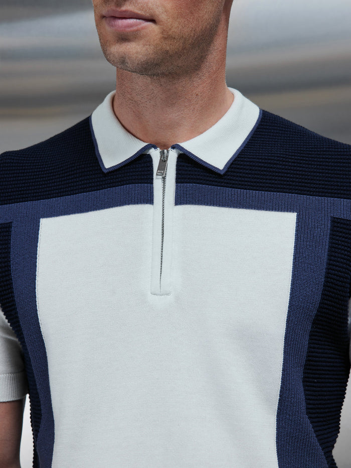 Panel Colour Block Knitted Zip Polo Shirt in Navy