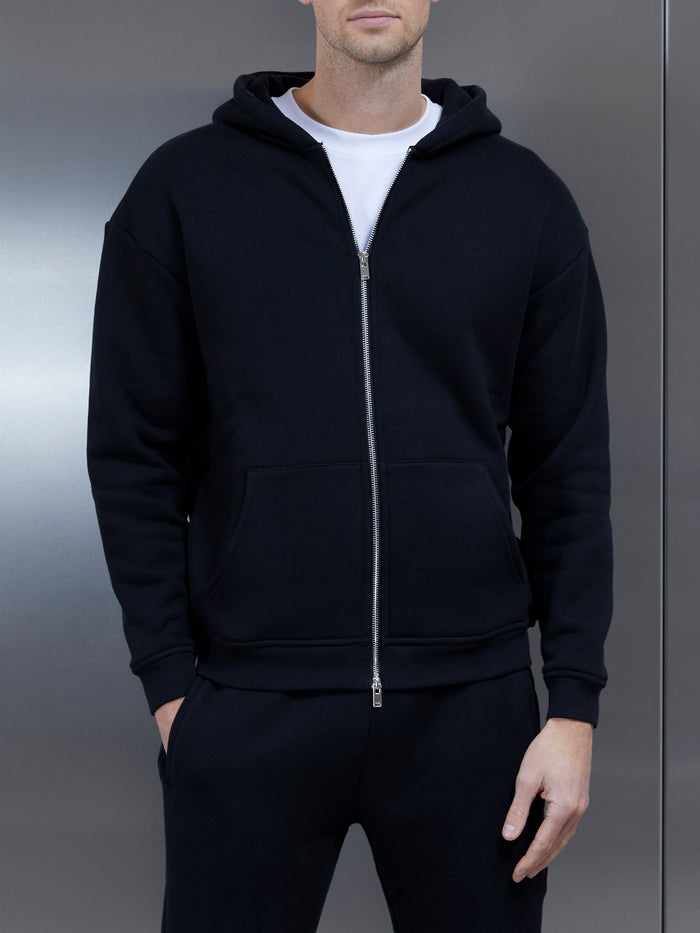 Relaxed Zip Through Hoodie in Black