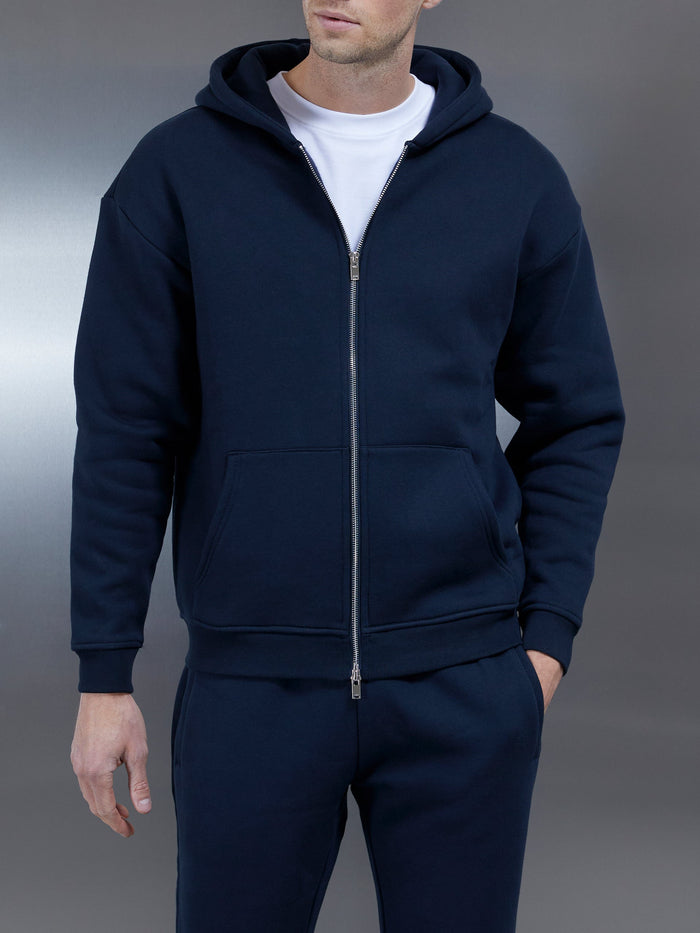 Relaxed Zip Through Hoodie in Navy