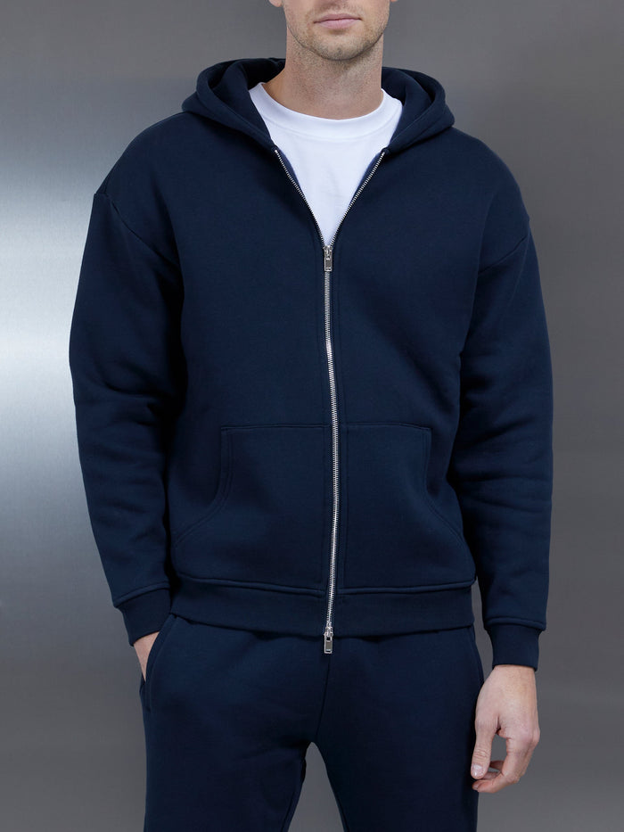 Relaxed Zip Through Hoodie in Navy