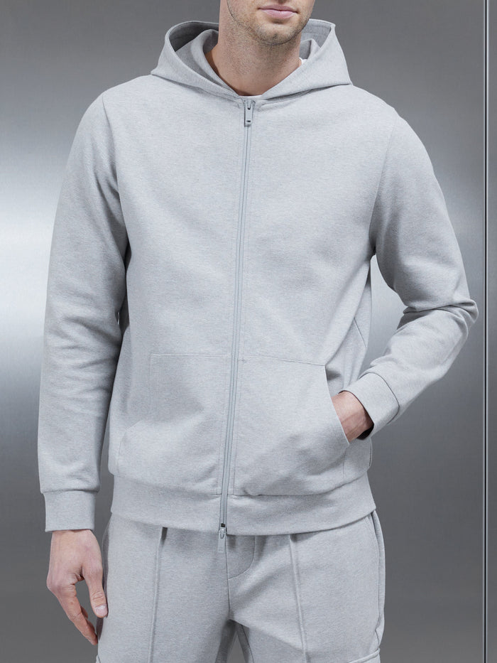 Technical Jersey Zip Through Hoodie in Marl Grey