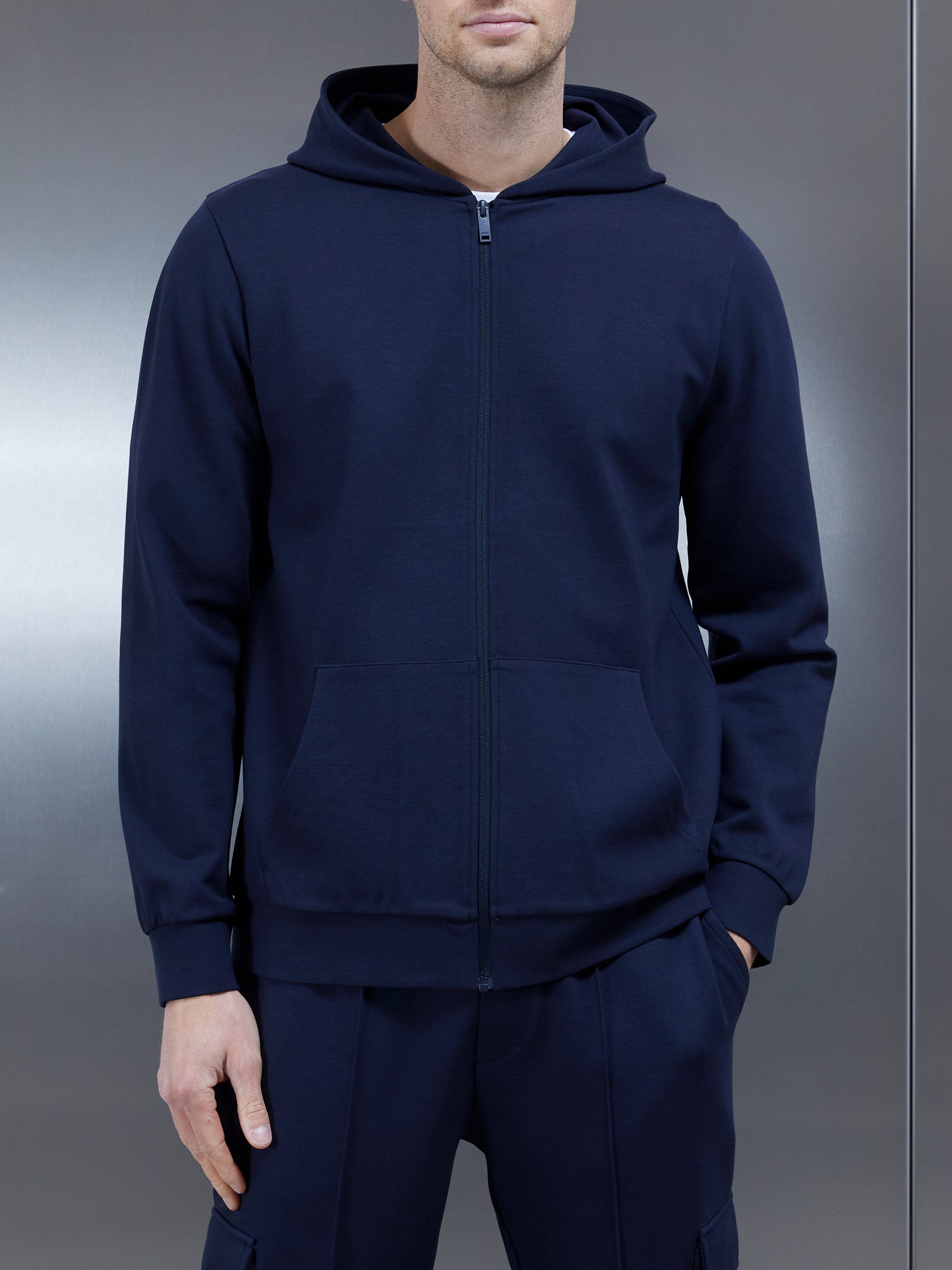 Technical Jersey Zip Through Hoodie in Navy
