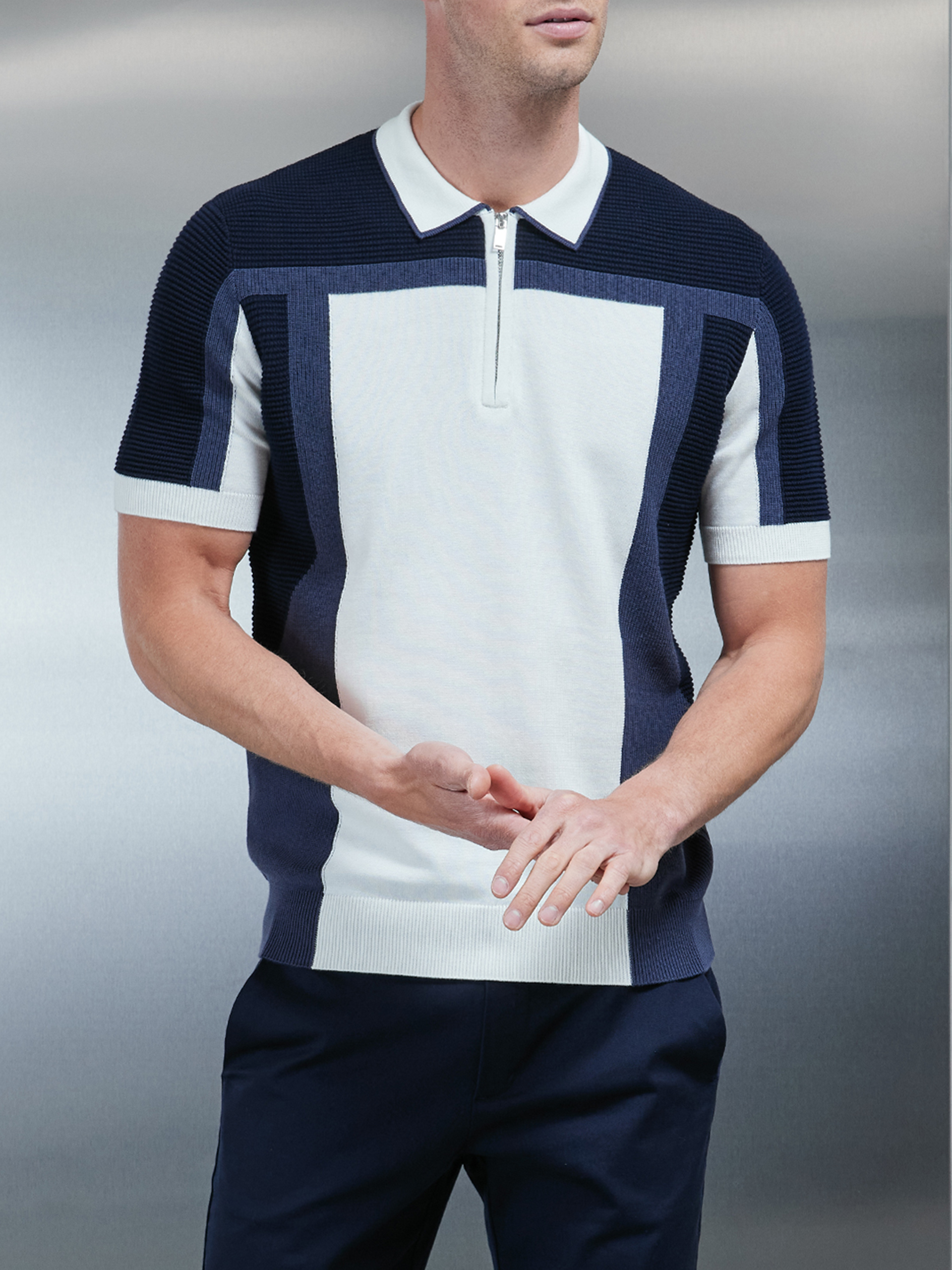 Panel Colour Block Knitted Zip Polo Shirt in Navy